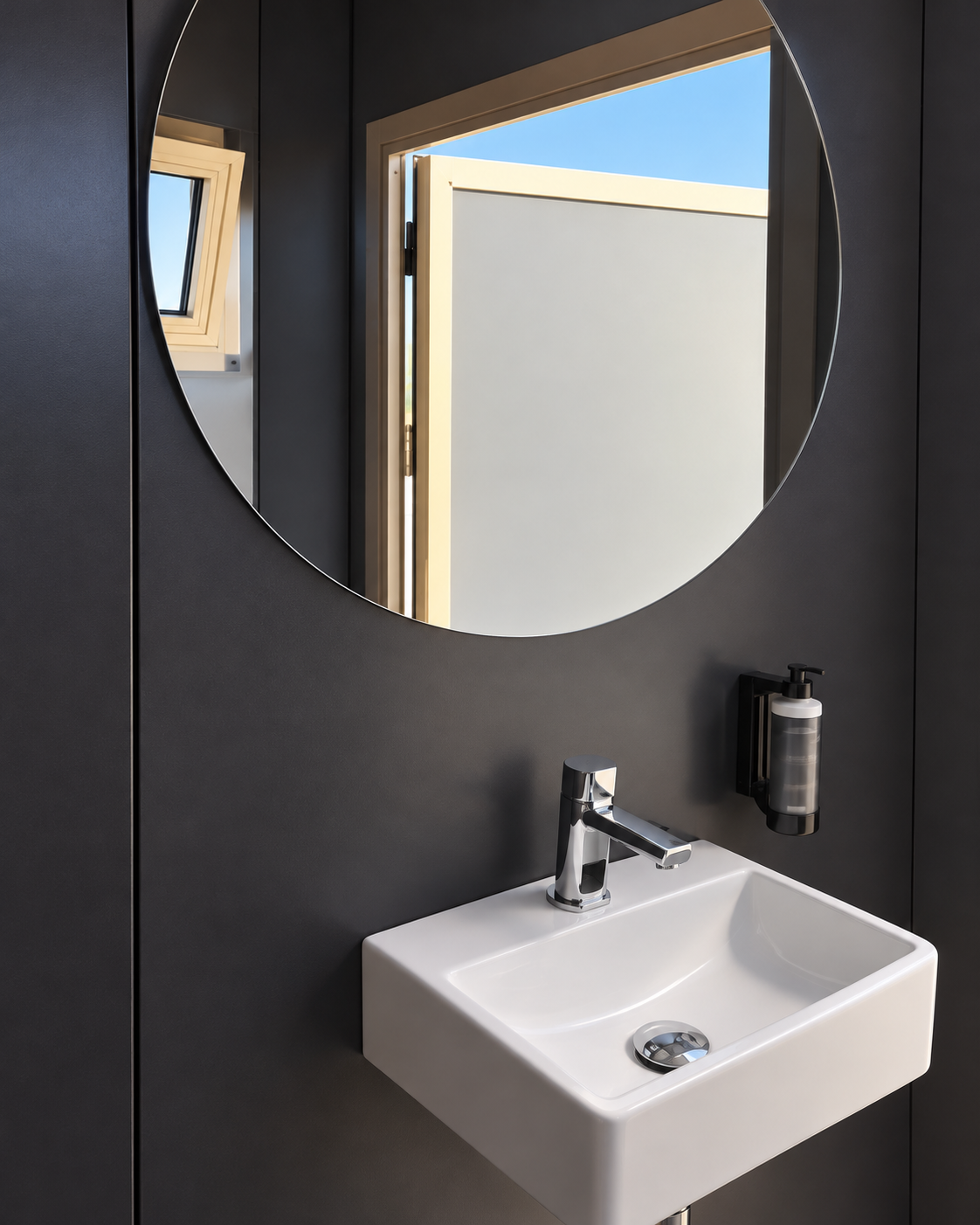 Toilette Camaleon di Exotent, dettaglio lavabo e specchio